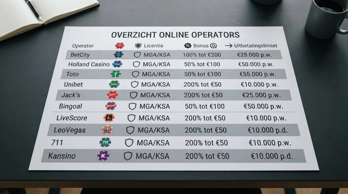 Een vergelijkingstabel met tien offshore crypto-casino's en kolommen voor licentie, bonus en uitbetalingslimiet