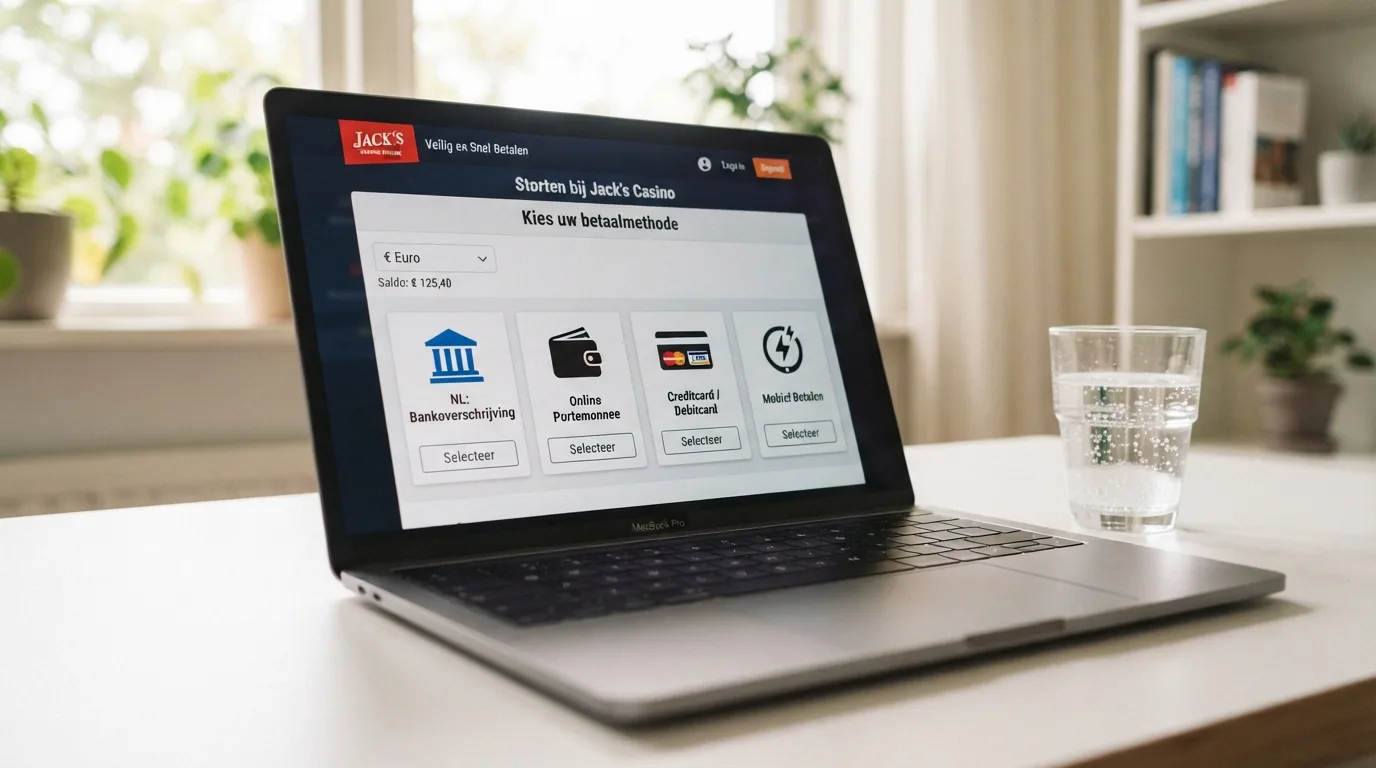 Een overzichtelijke rij betaalopties — iDEAL, PayPal, Trustly, creditcard — op het stortingsscherm van een Nederlands online casino