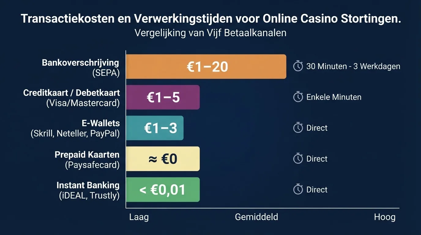 Een grafische weergave van transactiekosten per blockchain-netwerk — Bitcoin, Ethereum, Lightning Network, TRON en Solana — met bijbehorende bevestigingstijden