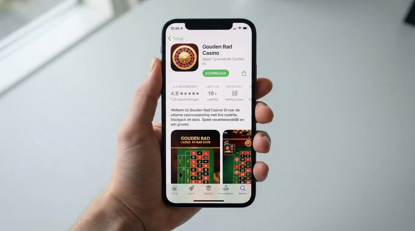 Een hand houdt een smartphone vast met de Google Play Store open op de pagina van een casino app, de installatieknop in beeld