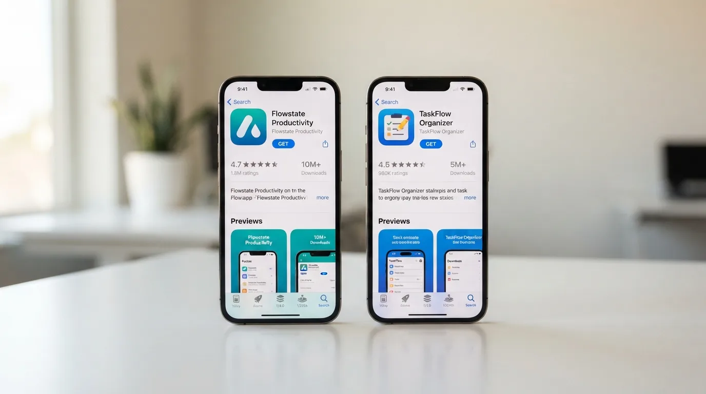 Twee smartphones naast elkaar met de appstore-pagina's van twee casino-apps en hun sterrenbeoordelingen.