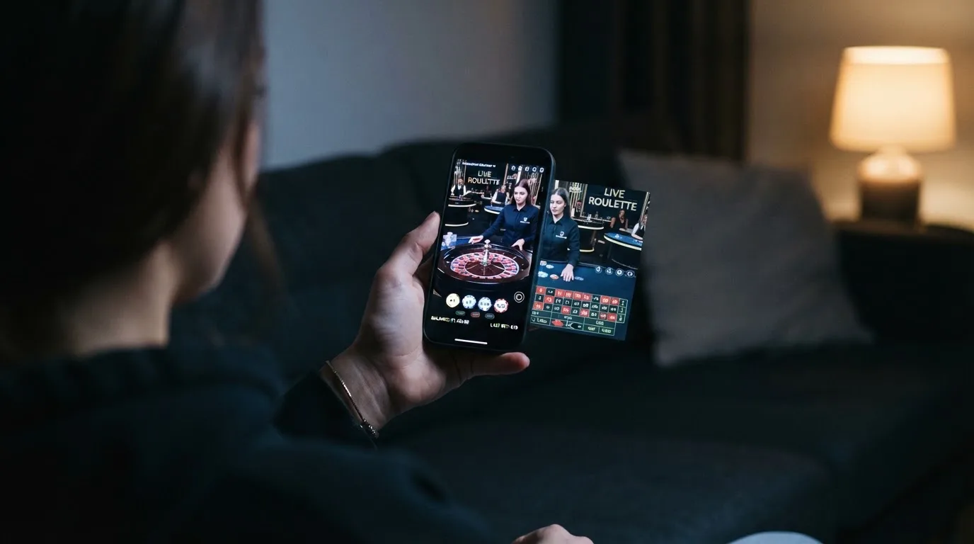 Het scherm van een smartphone toont een live-roulettetafel met een echte croupier in HD-kwaliteit, met de inzetopties onder in beeld