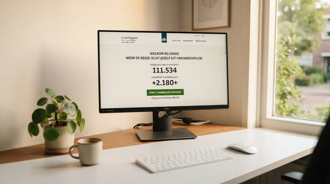 De homepage van het Cruks-register op een beeldscherm, met de inschrijfknop en statistieken zichtbaar in de interface