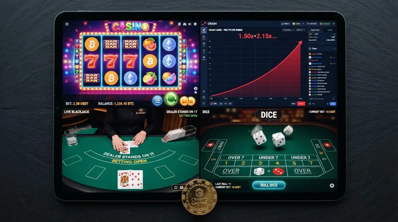 Een grid van verschillende crypto-casinospellen: een slot, een crash-grafiek, een live blackjack-tafel en een dobbelsteen-spel