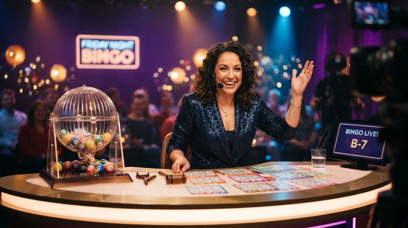 Een live bingoshow met een Nederlandse chathost in beeld en bingokaarten op tafel