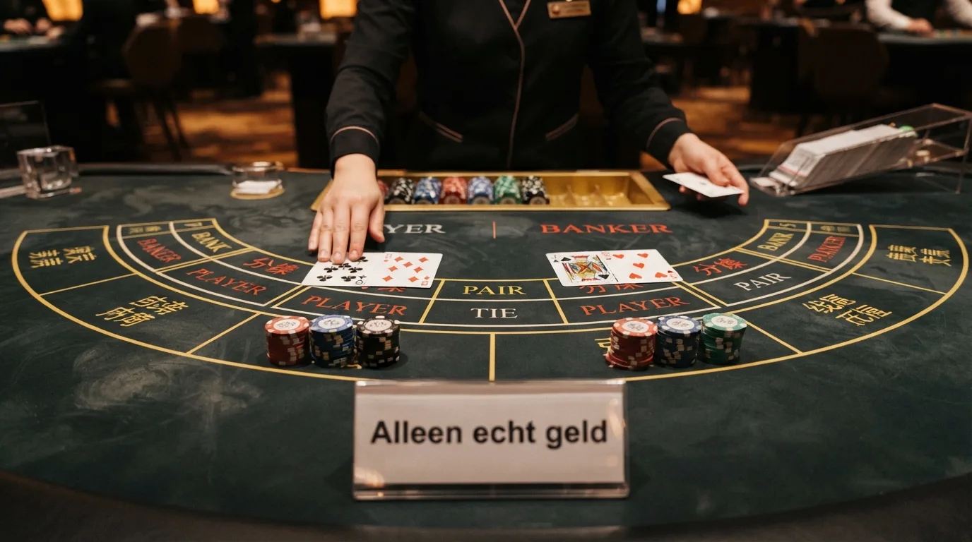 Een live baccarattafel met een bordje 'alleen voor echt geld'.