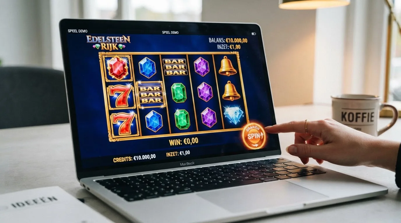 Een online gokkast in demo-modus met de spin-knop en het virtuele saldo duidelijk in beeld
