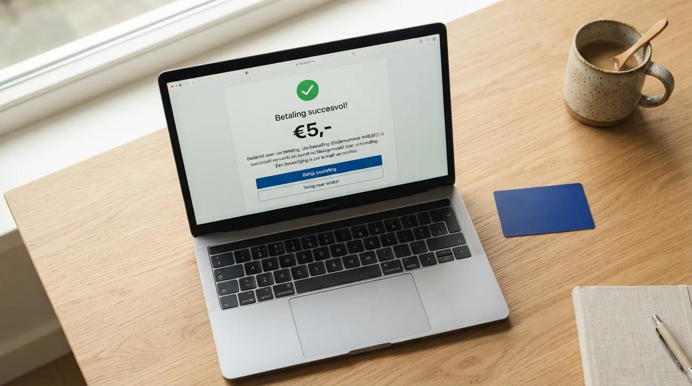 Het iDEAL-bevestigingsscherm op een laptop naast een Nederlandse bankpas, met het bedrag van vijf euro prominent in beeld