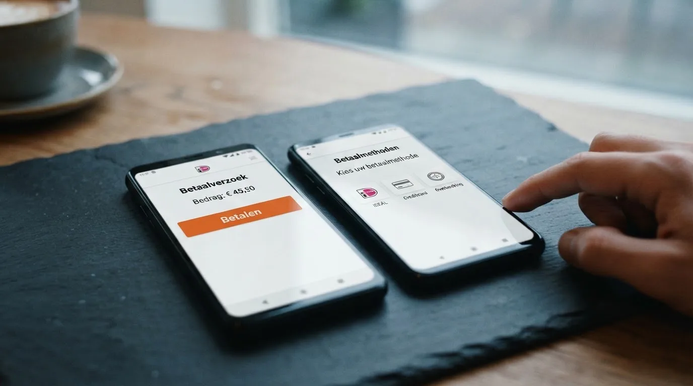 Een betaalscherm van een online casino met iDEAL-knop naast een scherm zonder iDEAL en met alternatieve betaalmethoden