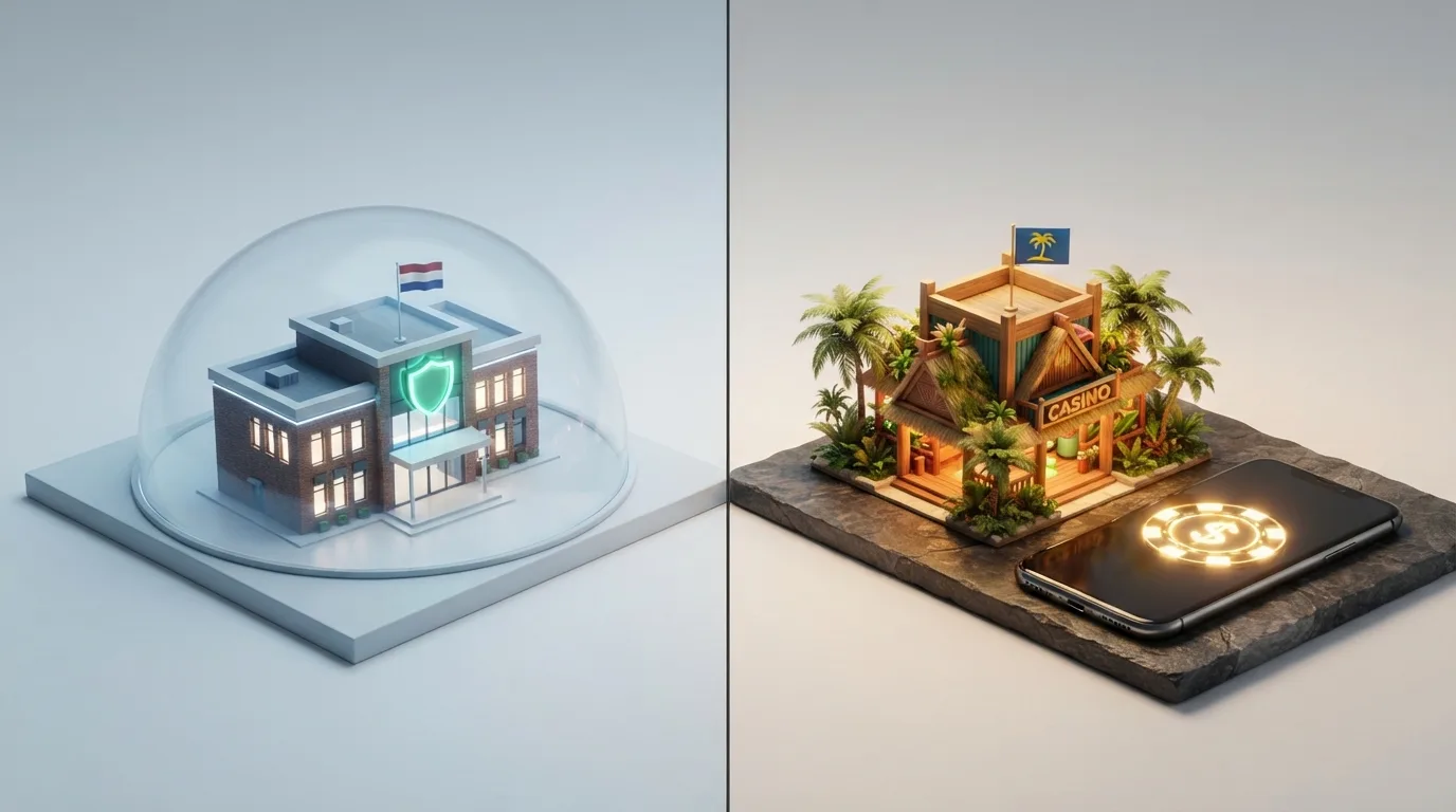 Een schematische vergelijking van twee werelden — links een Ksa-gecertificeerd casino met Nederlandse vlag en Cruks-logo, rechts een offshore bitcoin casino met Curaçaose vlag en crypto-wallet