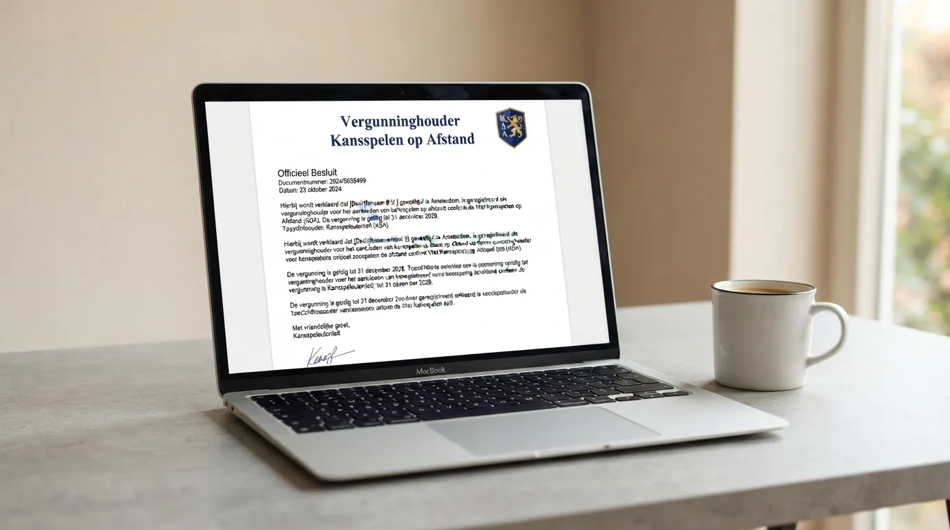 Het logo van de Kansspelautoriteit naast de tekst 'Vergunninghouder Kansspelen op Afstand' op een beeldscherm