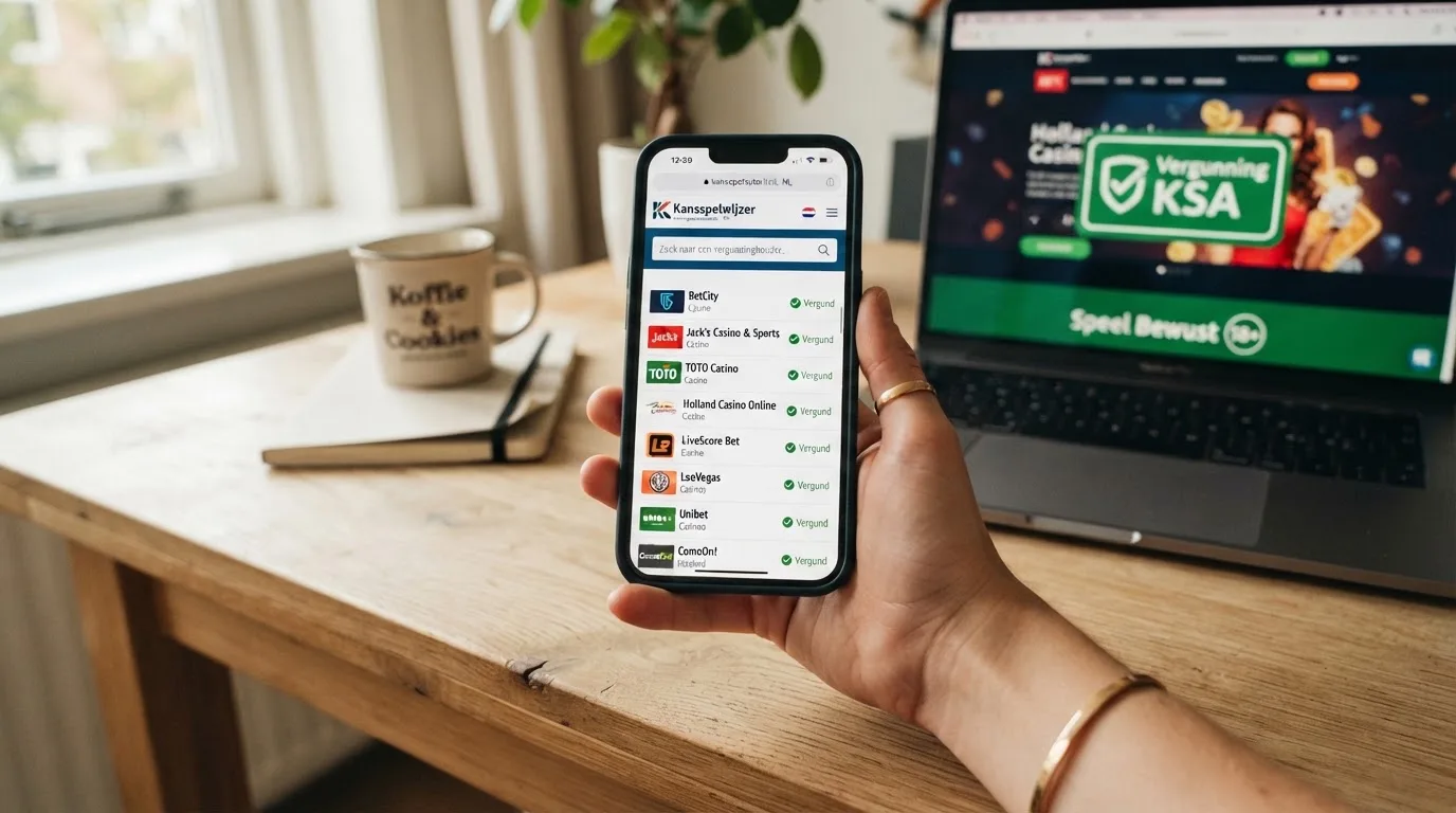 Het Ksa-keurmerk op de website van een Nederlands online casino met een smartphone die de Kansspelwijzer toont