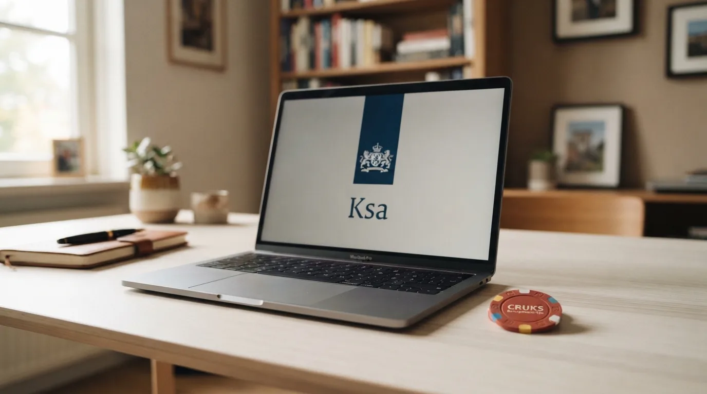 Het vergunninglogo van de Kansspelautoriteit naast een online casino op een laptopscherm