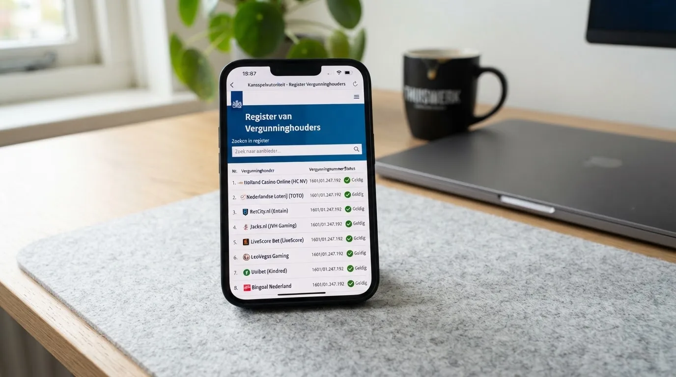 De Ksa-website met het vergunningenregister op een iPhonescherm