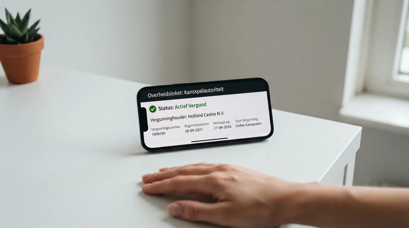 Een smartphone toont het vergunningenregister van de Kansspelautoriteit met een vergunde aanbieder