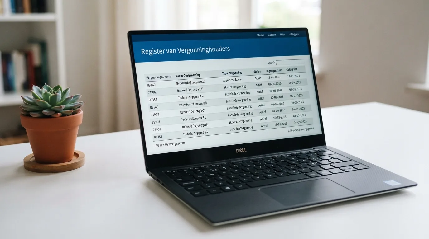 Een laptopscherm met het vergunningenregister van de Kansspelautoriteit