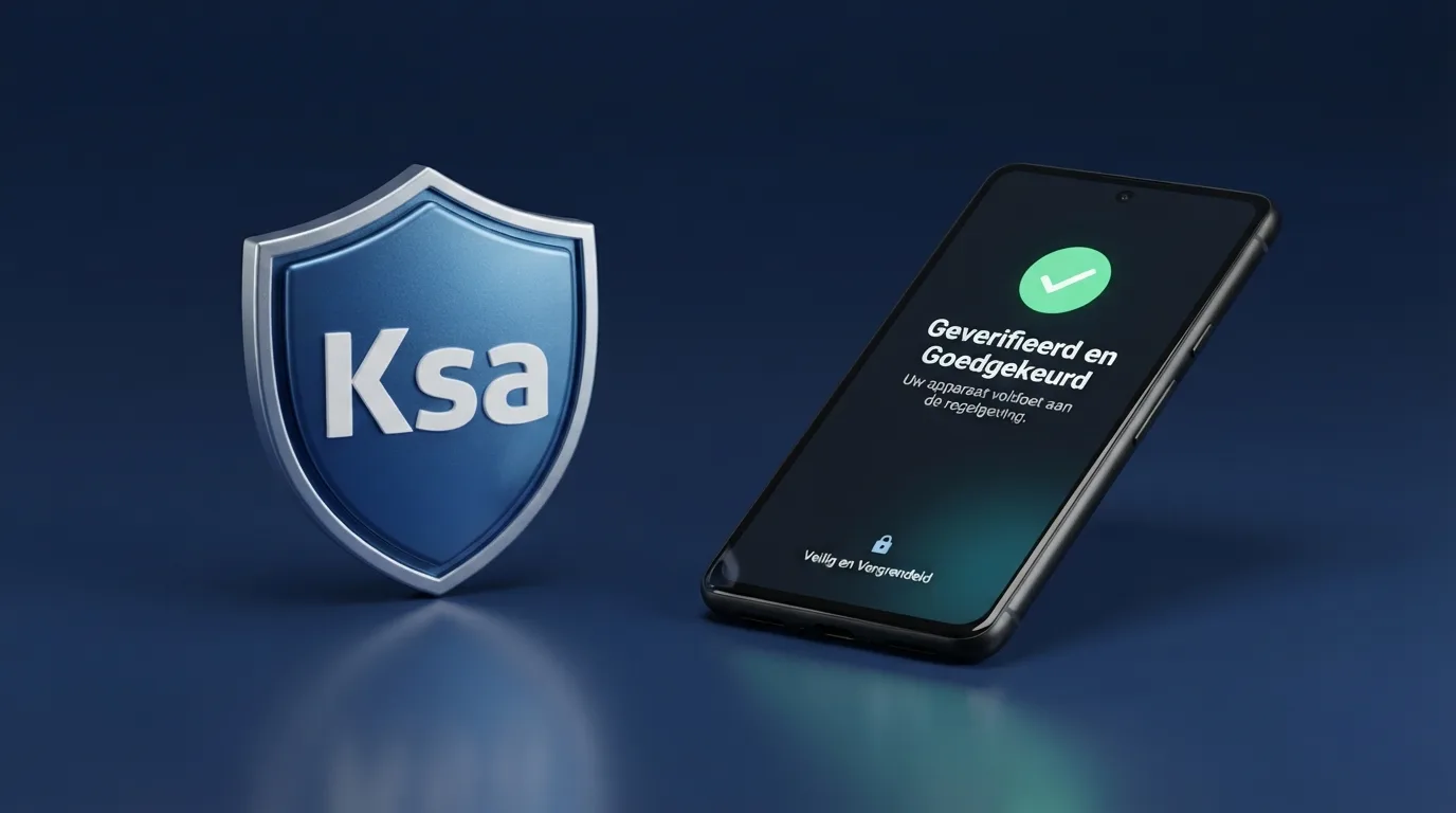 Het Ksa-logo naast een telefoonscherm met een vergunningscheck en de Cruks-status.
