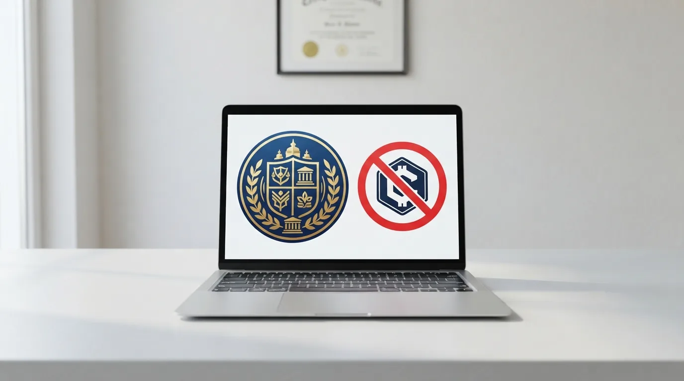 Een laptop met het logo van de Kansspelautoriteit en een doorgestreept cryptomunt-symbool