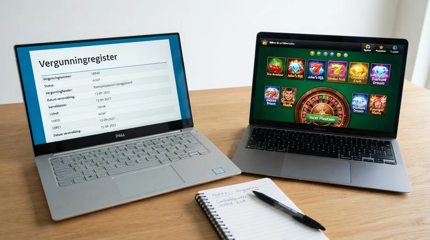 Scherm van het Ksa-vergunningregister naast een offshore-casinosite