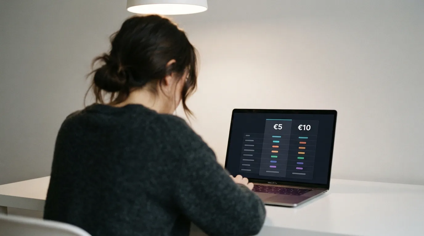 Een overzichtelijke vergelijkingstabel op een laptopscreen met casino-logo's, minimale stortingen van €5 en €10, en bonusvoorwaarden naast elkaar