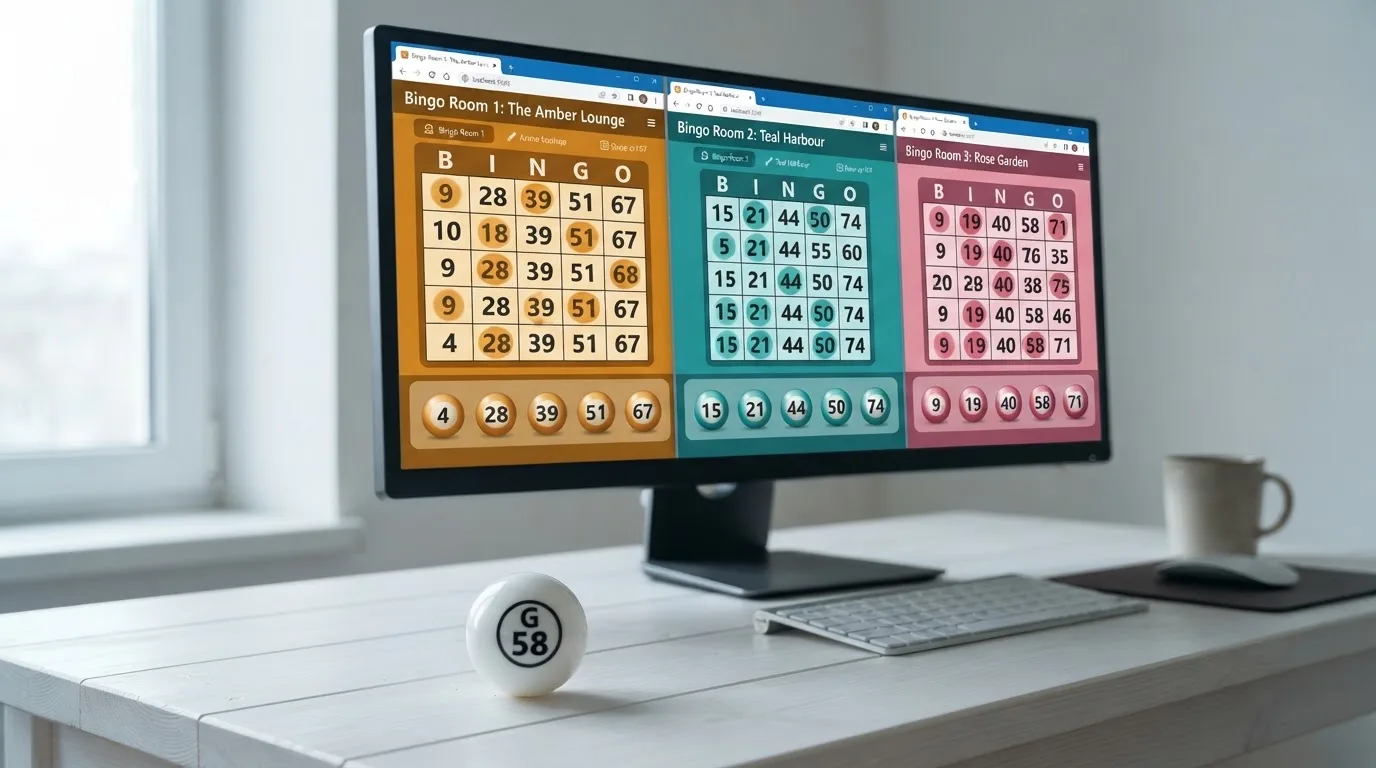 Drie bingokamers naast elkaar, met per kamer een bingokaart en ballen