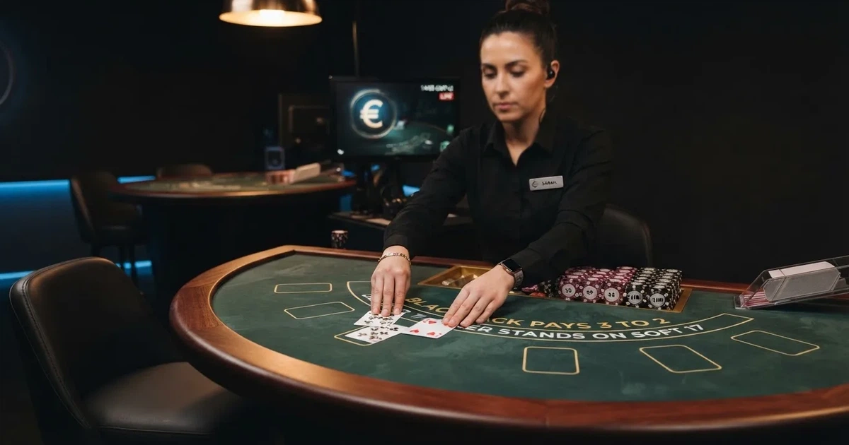 Een live dealer deelt kaarten uit aan een blackjacktafel in een verlichte studio.