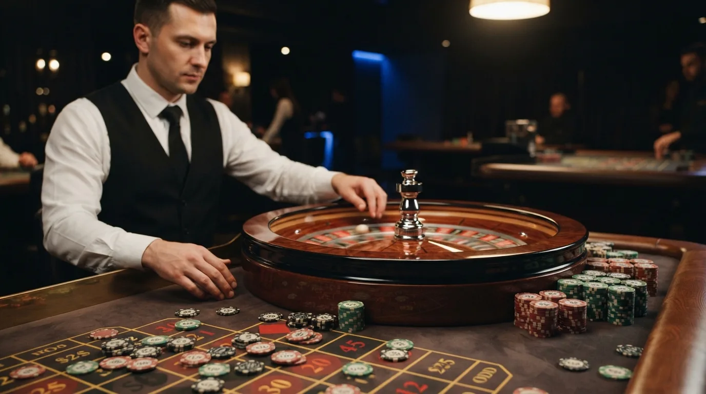 Een croupier draait het wiel aan een live roulettetafel in een studio.