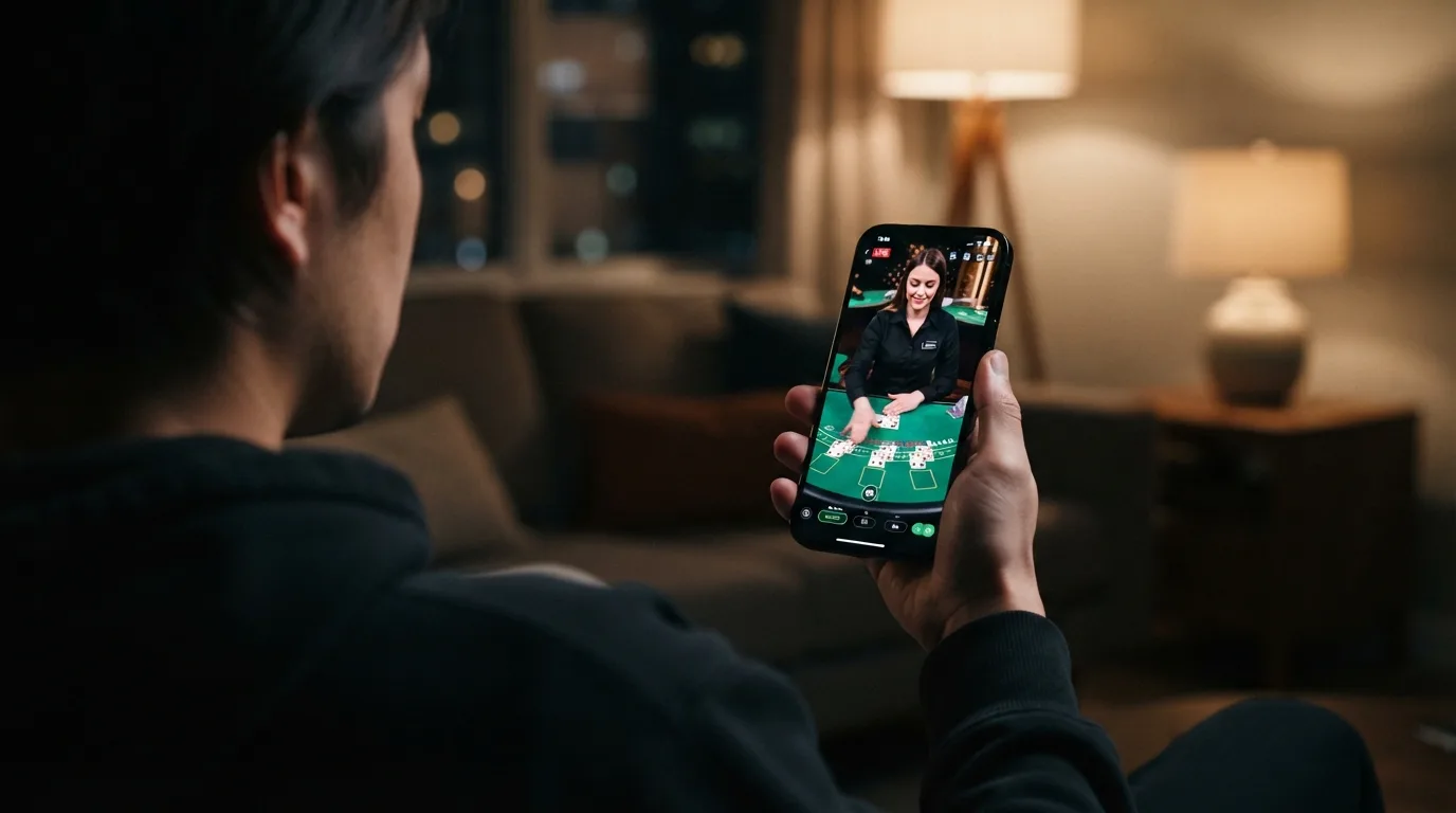 Een live casinotafel met dealer in beeld op een rechtop gehouden smartphone