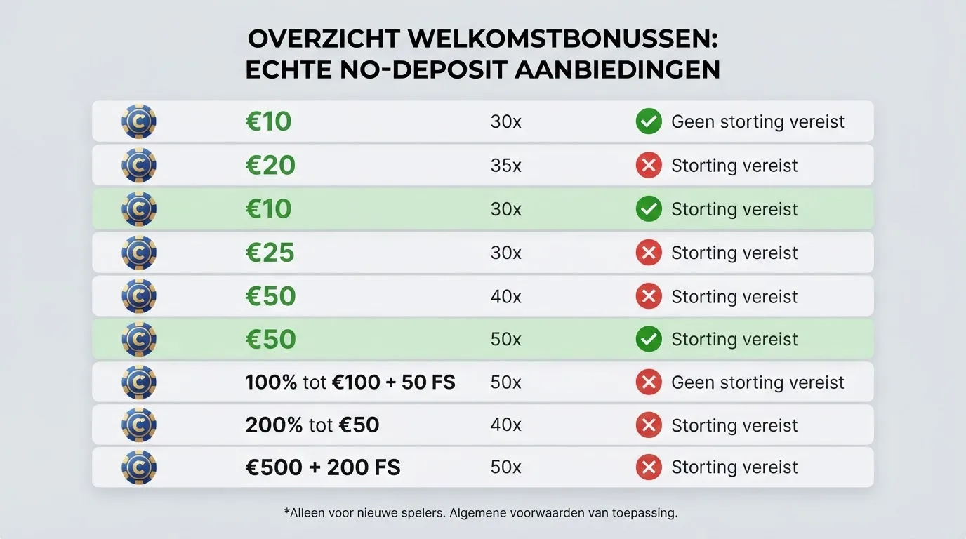Een vergelijkingstabel van tien Nederlandse online casino's met hun welkomstbonus en Ksa-vergunning