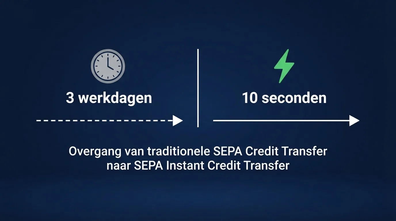 Een visuele tijdlijn die het snelheidsverschil toont tussen een traditionele SEPA-overboeking (3 werkdagen) en een SEPA Instant Credit Transfer (10 seconden) bij een online casino