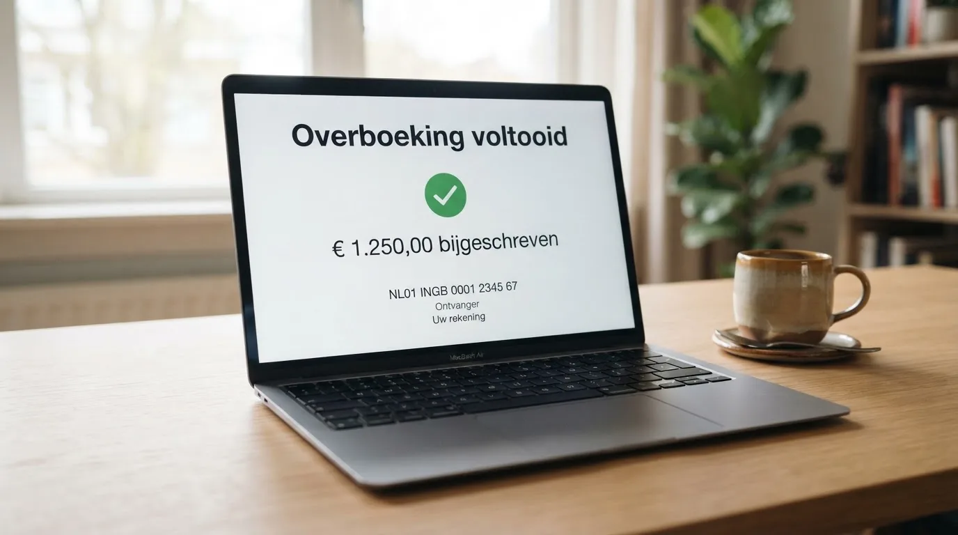 Een bankapp op een laptop die een overboeking naar een IBAN toont